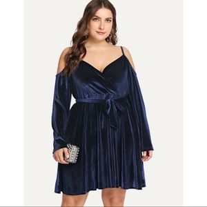 Plus V Neck Blue Velvet Dress